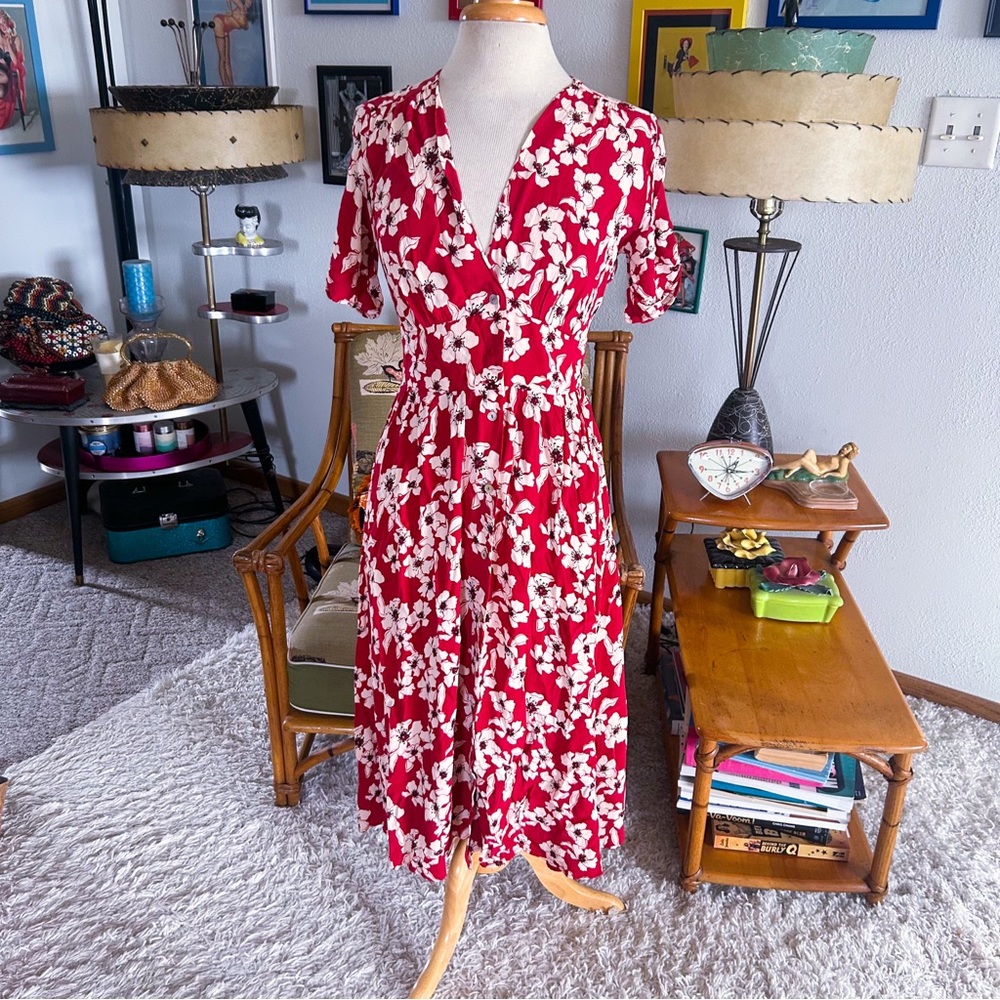 Retro Dress | 1940s Style | Floral Print | Red Multi | S M | Pinup | 40s